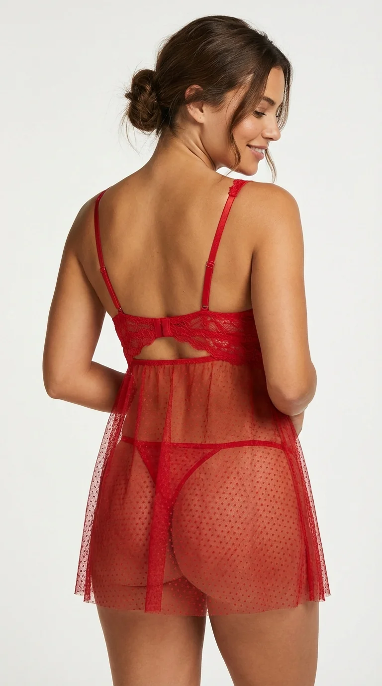 LunaIntim Ateş Kırmızısı Puantiyeli Tül Babydoll Transparan ve Fırfırlı Gecelik Takımı - Yan Görünüm